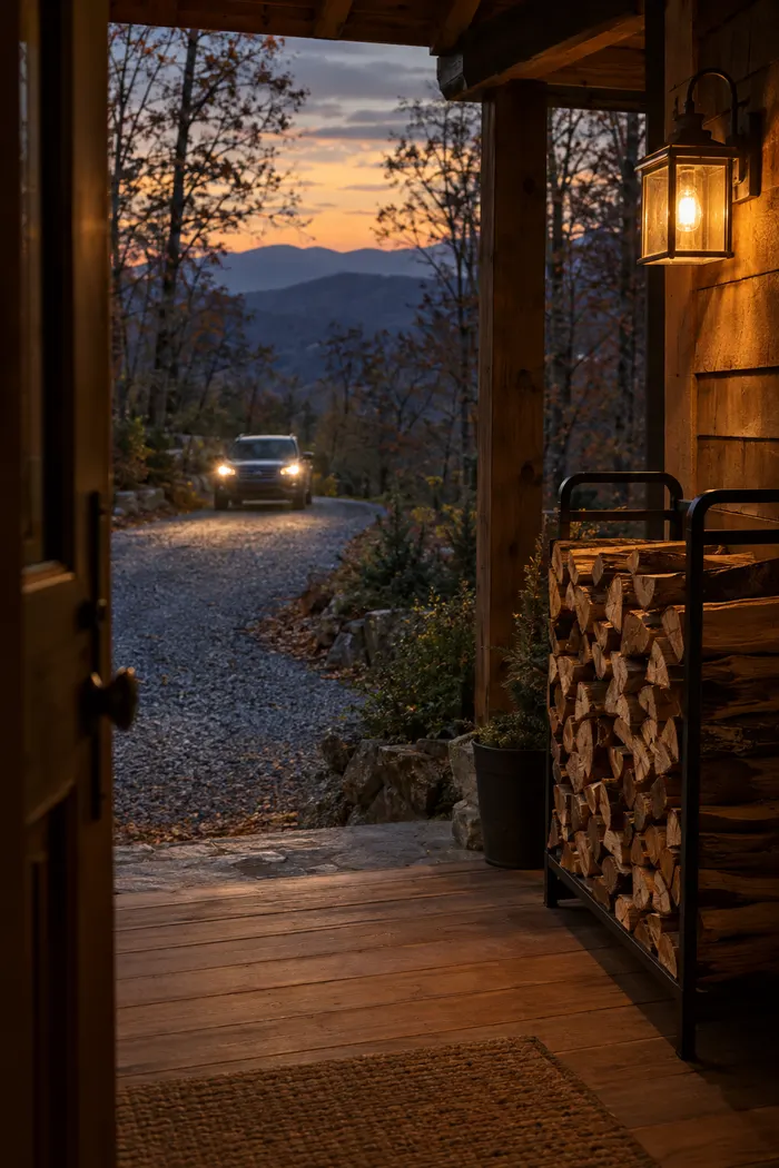 View from a cabin doorway at dusk toward a gravel drive, with a stocked firewood rack on the porch
