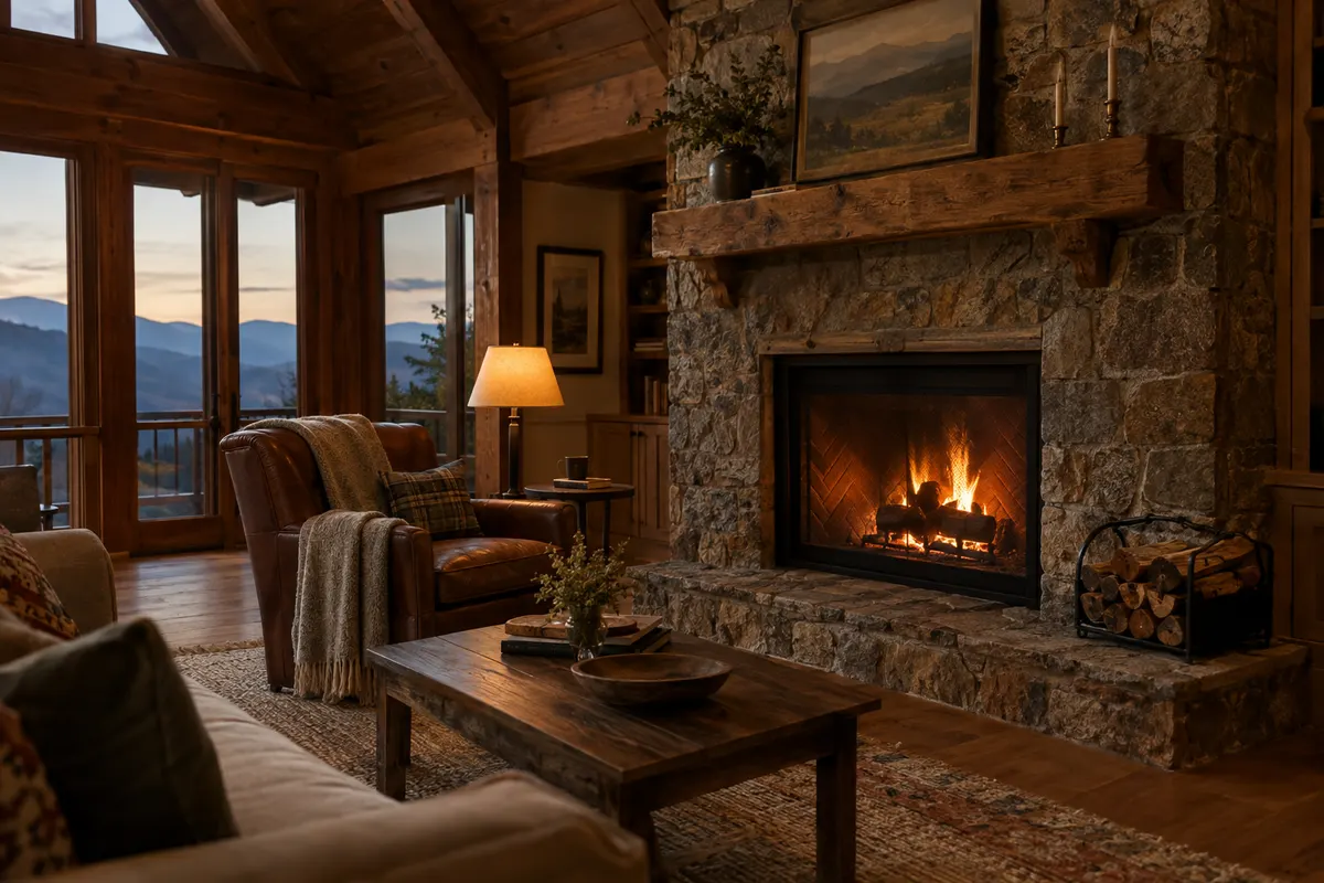 A wood fire burning in a stone fireplace inside a warmly lit mountain living room