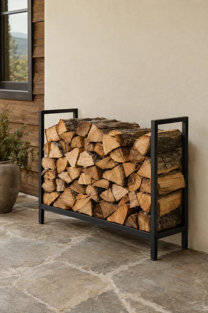 Concept image of a compact black all-metal firewood rack filled with split logs on a stone patio