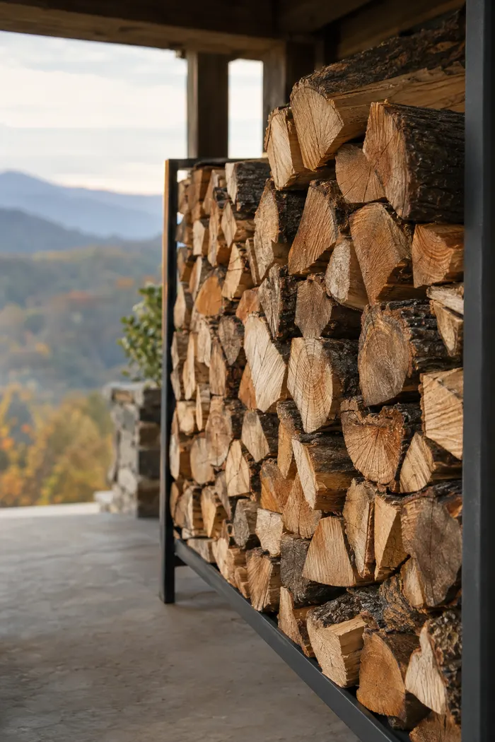 Close view of neatly stacked split firewood on a black metal rack under a porch roof